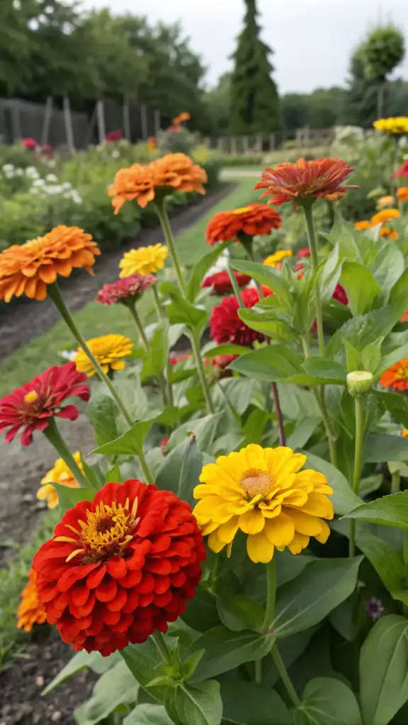 A vibrant garden filled with zinnias in full bloom, displaying rich colors of orange, red, and yellow. These hardy plants that flower all summer create a lush, textured display with their densely layered petals, set against a backdrop of green foliage and a serene, well-maintained outdoor space.
