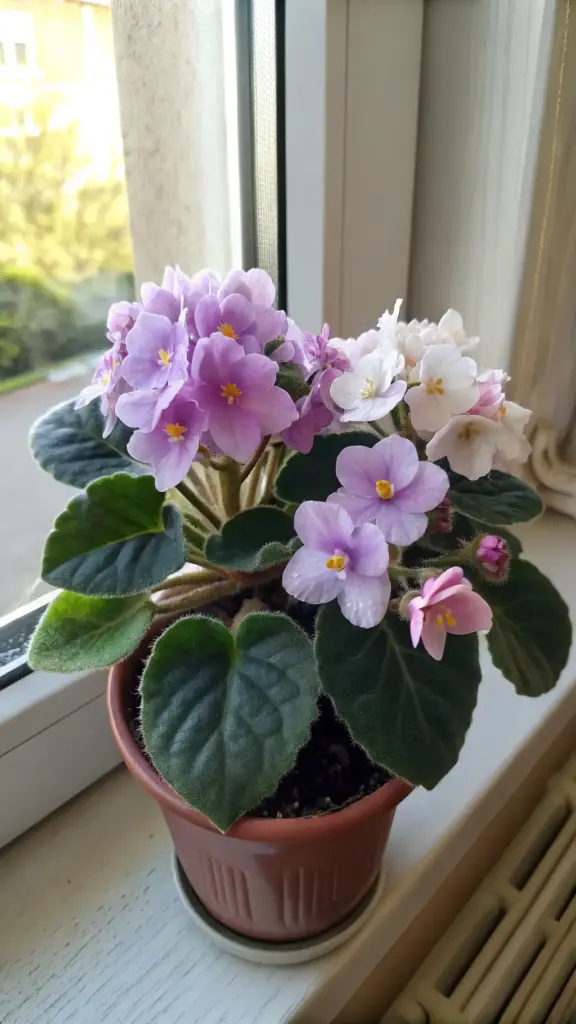 A charming African Violet (Saintpaulia ionantha) with velvety green leaves and delicate purple and white flowers, potted in a simple brown container, brightens a windowsill as a delightful piece of House Plants Decor.