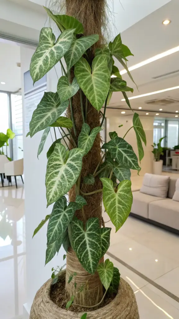 A lush Arrowhead Plant (Syngonium podophyllum), a versatile variety of House Plants Indoor, displays its variegated arrow-shaped leaves as it climbs a tall coir pole. This vibrant plant is potted in a large, natural fiber-wrapped container and stands on a glossy tiled floor in a brightly lit, modern office or commercial space, with contemporary furniture and other greenery visible in the blurred background.