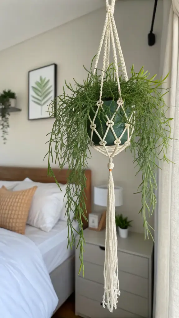 A Rhipsalis, or mistletoe cactus, thrives as one of the unique hanging plants indoor bedroom, showcased in a white macrame hanger, with a bed, nightstand, and botanical wall art softly focused in the background.