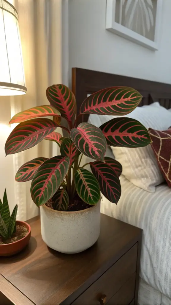 A captivating Maranta leuconeura, or Prayer Plant, enhances the cozy house plants aesthetic of a bedroom. The plant, with its distinctive oval-shaped leaves featuring intricate patterns of light and dark green with prominent red veins, sits in a light-colored speckled ceramic pot on a dark wooden bedside table. A table lamp with a light shade is partially visible to the left, casting a warm glow. In the background, a neatly made bed with white and patterned bedding, a dark wooden headboard, and a framed piece of art on the wall create a comfortable and inviting atmosphere. Another small succulent in a terracotta pot can be seen on the corner of the nightstand, further contributing to the serene house plants aesthetic of the space.