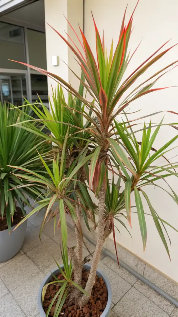 A striking Dracaena marginata (Madagascar Dragon Tree), valued for its architectural form and recognized as one of the effective air purifying house plants, is featured in a modern grey cylindrical pot with a lava rock top dressing. The plant showcases multiple woody stems topped with tufts of long, slender, sword-like leaves, each distinguished by vibrant reddish-pink edges. It's situated on a light grey tiled patio or bright indoor space against a white wall, with another large potted green plant partially visible in the background, contributing to a clean, contemporary aesthetic.