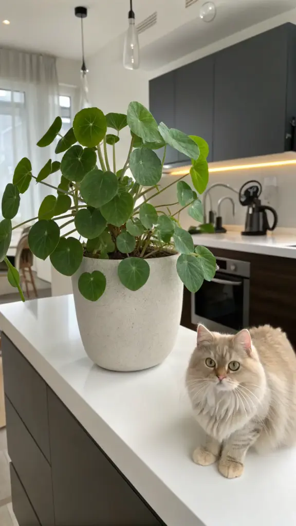 A Pilea Peperomioides, also known as a Chinese Money Plant or Friendship Plant, displayed in a light-colored pot on a modern white kitchen counter. This example of pet friendly house plants is accompanied by a fluffy, cream-colored cat sitting alertly nearby, highlighting a stylish and safe home environment.