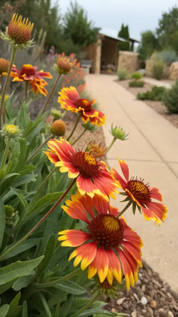 Vibrant garden scene showcasing full sun plants that bloom all summer, with a winding concrete path bordered by bold red and orange flowers. The blooms feature golden yellow edges and textured centers, set against lush green foliage under a soft overcast sky.