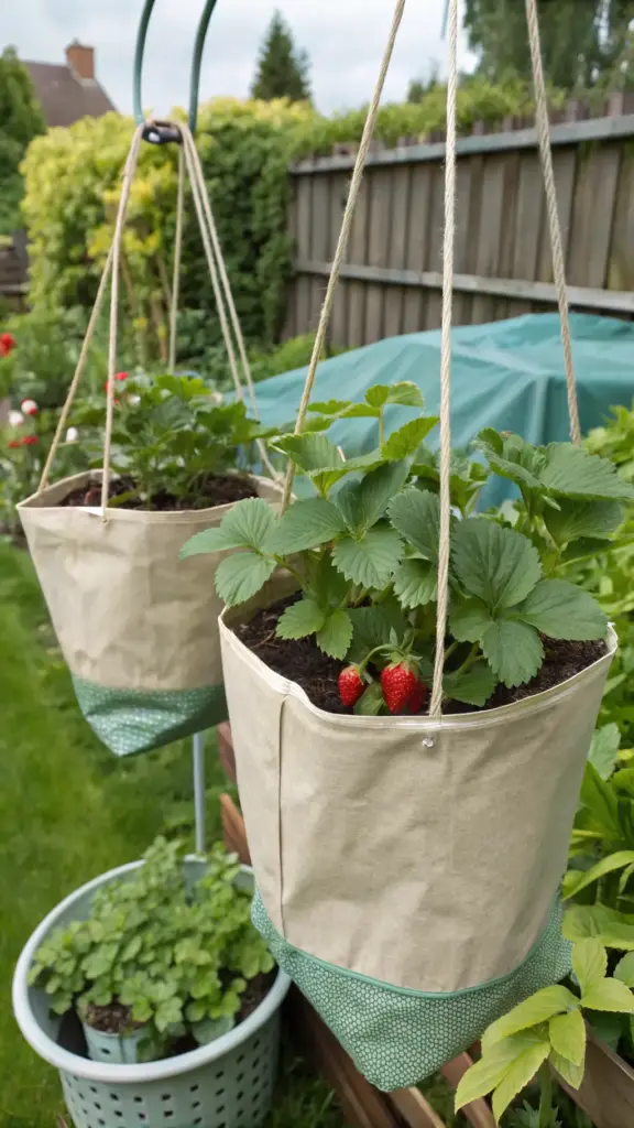 DIY hanging strawberry plants thriving in beige and green patterned fabric grow bags, suspended by simple rope hangers in a garden setting with a wooden fence in the background.