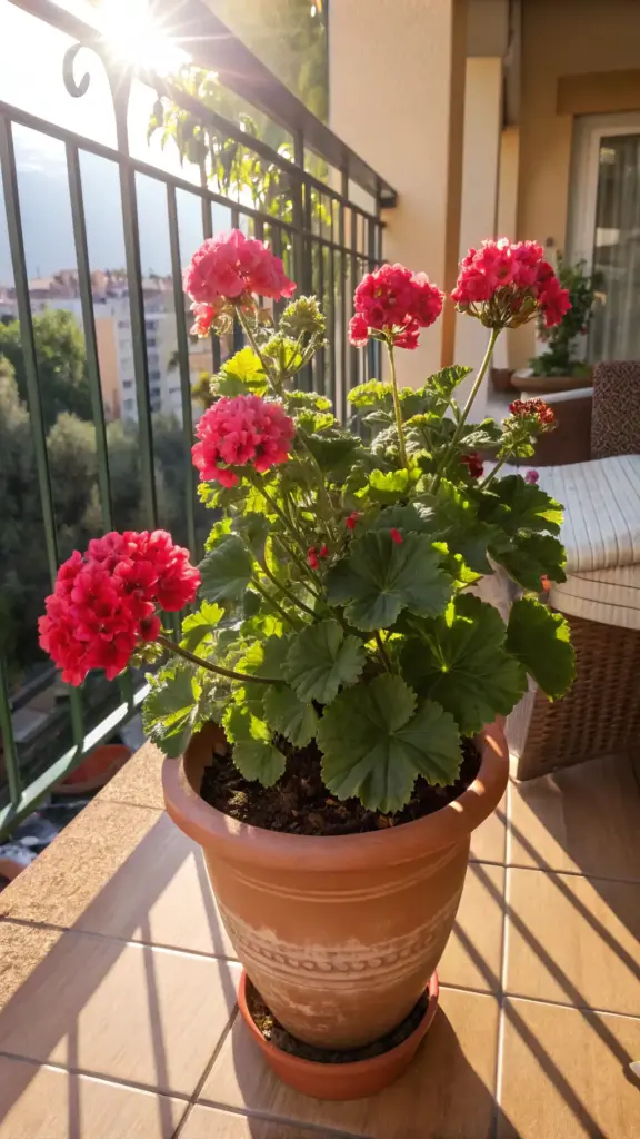 Bright red Geranium (Pelargonium) flowers bloom vigorously in a terracotta pot on a sun-drenched balcony, ideal summer plants full sun outdoor.