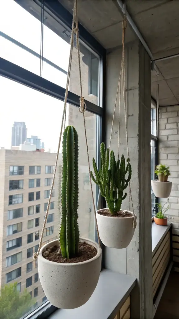 Edgy, low-maintenance "hanging plants in front of window" showcasing cacti charm in a modern industrial setting with concrete details and expansive city views, featuring two different cacti in textured bowl planters suspended by ropes.