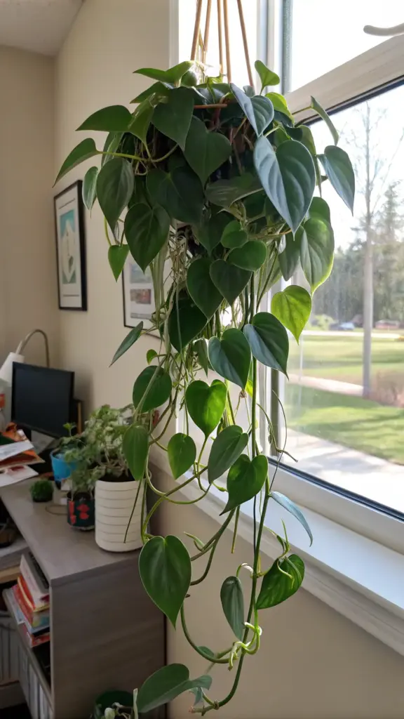 A lush Heartleaf Philodendron (Philodendron scandens) with glossy, trailing heart-shaped leaves, offering beautiful and easy "hanging plants indoor ideas," showcased against a light, neutral wall.