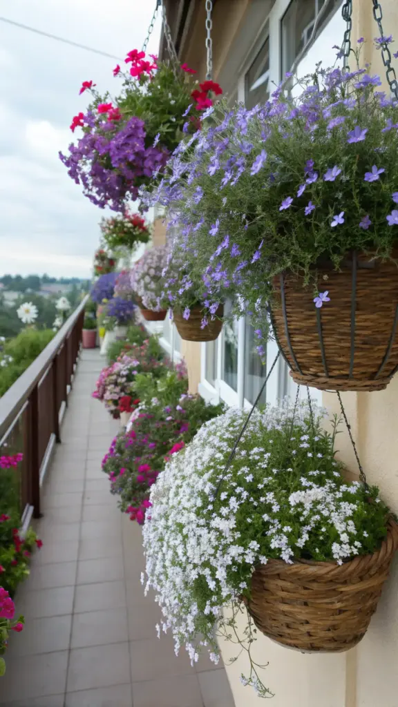 A vibrant display of "balcony hanging plants" featuring multiple woven baskets overflowing with colorful lobelia and petunias in shades of white, purple, and pink, adorning a sunlit balcony with a tiled floor and wooden railing.