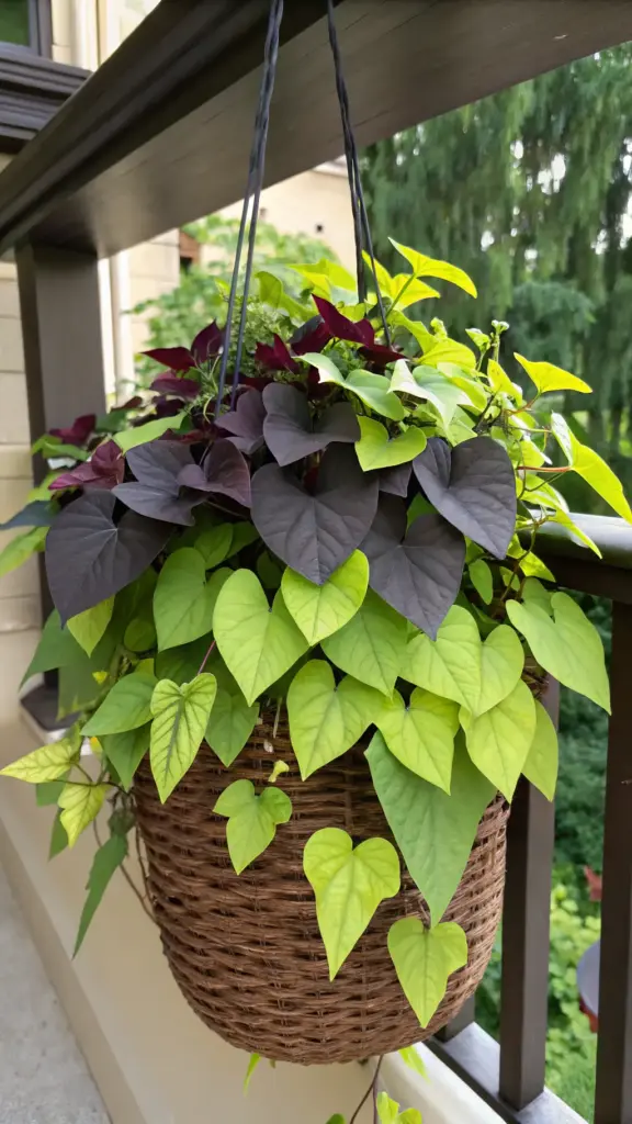 Chartreuse and deep purple sweet potato vines, striking foliage "plants for hanging baskets," create a lush, contrasting display spilling from a dark brown woven basket on a balcony.