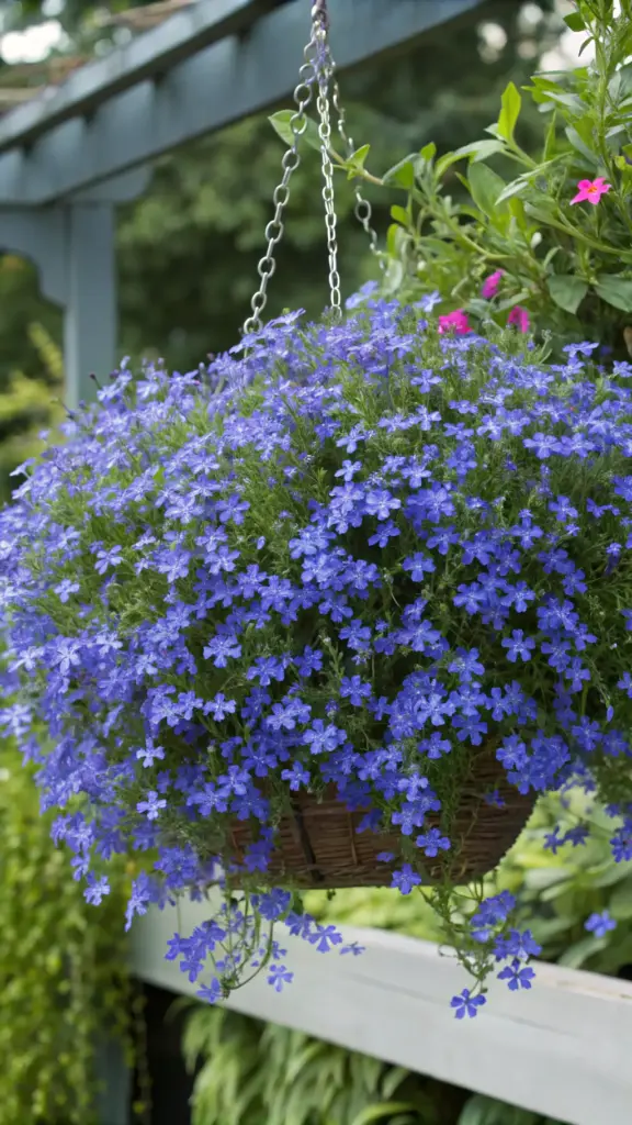 A lush hanging basket overflowing with vibrant, true blue Trailing Lobelia (Lobelia erinus) flowers, showcasing delicate hanging plants outdoor ideal for cooler, partially shaded garden spots.