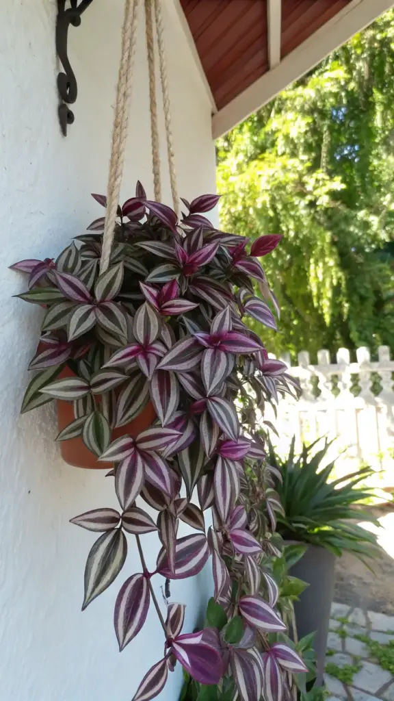 Striking purple and silver-striped leaves of a hanging Wandering Jew (Tradescantia zebrina), a vibrant choice for "outdoor hanging plants," showcased in a basket in a naturally lit outdoor space.