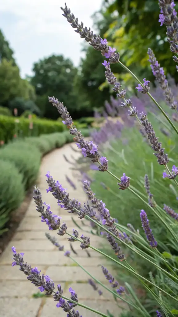 A serene lavender garden featuring rows of vibrant purple blooms swaying gently above lush green foliage. This tranquil scene showcases plants that flower all summer, creating a stunning display of color and texture. A winding stone path invites exploration through the manicured landscape, surrounded by hints of verdant trees and peaceful surroundings.