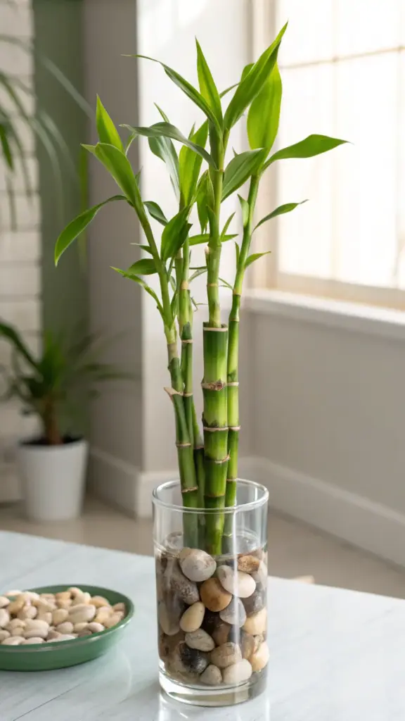 An elegant arrangement of Lucky Bamboo (Dracaena sanderiana), a classic example of resilient low light house plants, is displayed in a clear glass vase filled with smooth pebbles and water. The vibrant green stalks and leaves bring a touch of nature to the bright indoor space, which features a window in the background, highlighting its suitability for areas with indirect sunlight.