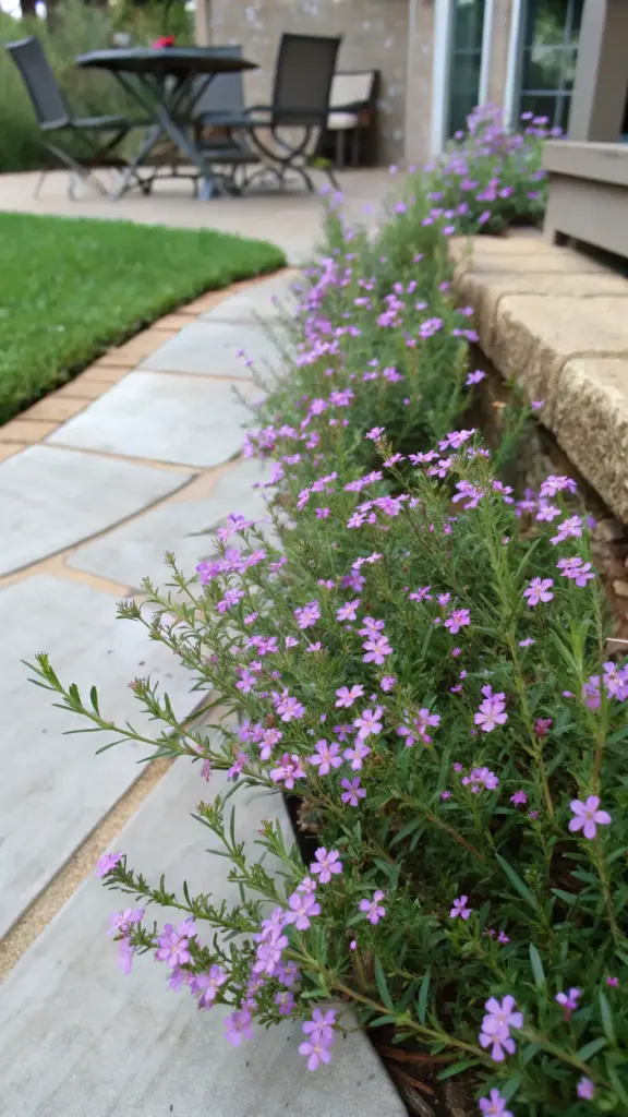 Mexican heather, low-growing summer plants with delicate purple flowers, lines a stone pathway in a garden, suitable for a beach climate.