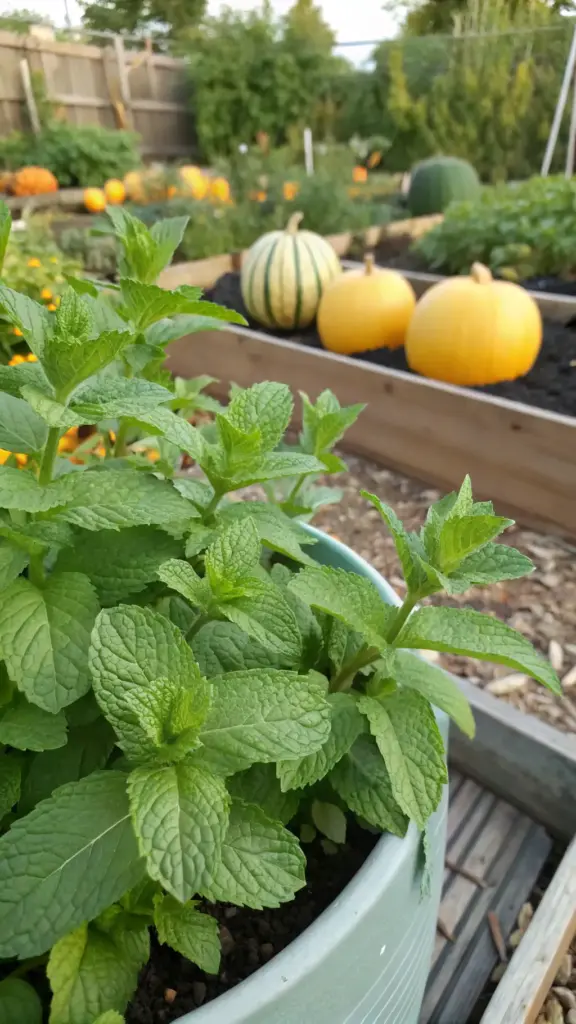 Fresh green mint growing vigorously in a pot, placed near a garden bed with various summer squashes in the background, illustrating how mint can be used as one of the fragrant summer squash companion plants to help deter pests.