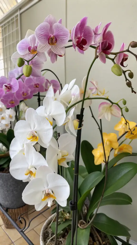 A stunning close-up display of various Phalaenopsis orchids, also known as Moth Orchids, showcasing their delicate beauty and why they are cherished among cat friendly house plants. The image features multiple stems with blooming orchids in vibrant shades of white with yellow centers, light pink with darker pink stripes, and magenta. These elegant, pet-safe flowering plants are supported by stakes and presented in pots, creating an exquisite indoor floral arrangement suitable for homes with feline companions.