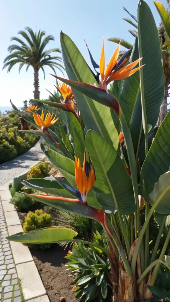 A stunning Bird of Paradise plant (Strelitzia reginae) with multiple iconic orange and blue blooms, thriving in a sunny outdoor garden bed, demonstrating it as one of the spectacular indoor plants that can go outside in the summer to encourage flowering.