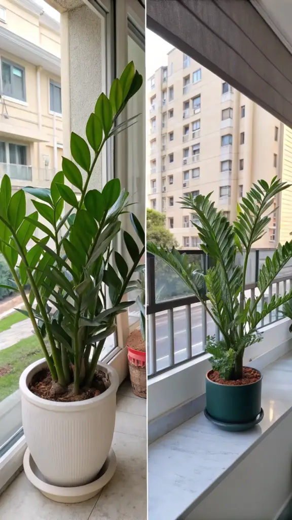 A diptych image showing a resilient ZZ plant (Zamioculcas zamiifolia); on the left, it's thriving indoors by a window, and on the right, it serves as hardy greenery on a balcony ledge, demonstrating its versatility as one of the great balcony plants summer options, with city buildings in the background.