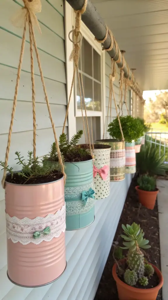 Cozy, sun-dappled patio or front porch featuring charming "hanging plants diy" created from upcycled tin cans, painted in pastel colors with lace and ribbon details, suspended by twine and filled with small plants.