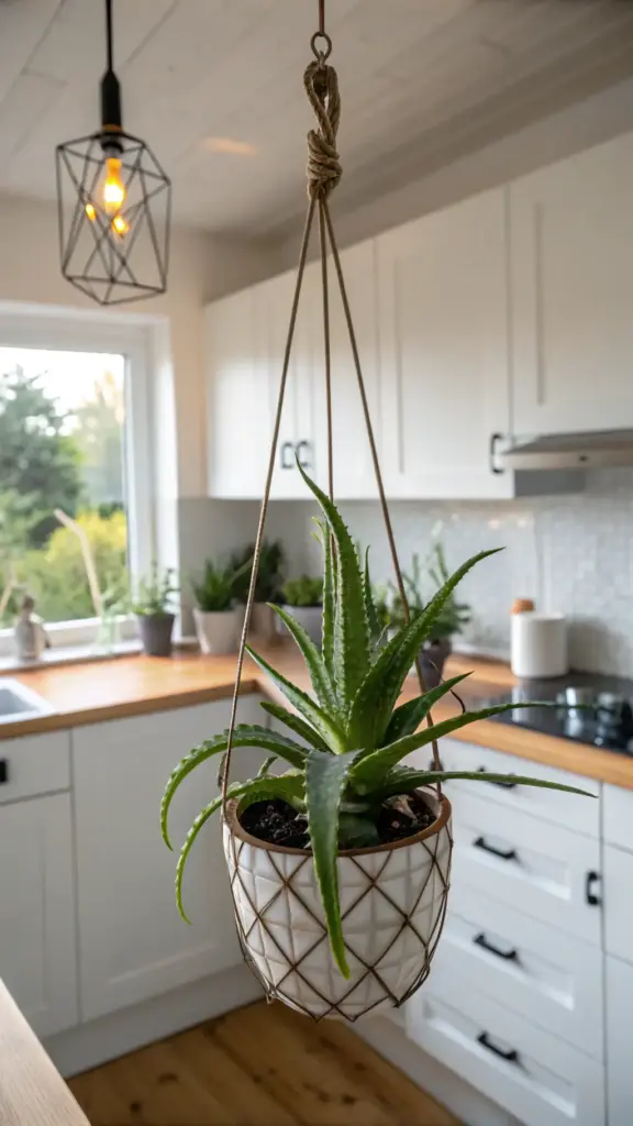 An Aloe Vera plant with its distinctive fleshy leaves, presented as one of many creative "hanging plants indoor ideas," showcased in a textured, light-colored hanging pot against a plain wall.