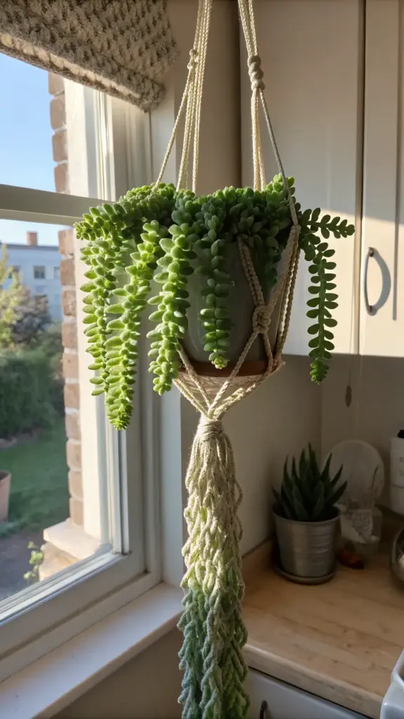 A lush Burro's Tail succulent (Sedum morganianum) beautifully enhances the house plants aesthetic in a sunlit room, likely a kitchen. The plant, with its characteristic long, trailing stems densely packed with fleshy, bead-like green leaves, is showcased in a light-colored pot held by an intricate cream and green macrame hanger. It hangs gracefully in front of a window that allows bright, natural light to illuminate its unique texture. Through the window, a glimpse of the outdoors with buildings and greenery is visible. On the countertop or windowsill below and to the right, another small succulent in a metallic pot and a white cabinet with a silver handle can be seen, contributing to a fresh and charming indoor house plants aesthetic. The image captures the delicate beauty and trailing nature of the Burro's Tail, making it a perfect example of how succulents can elevate home decor.
