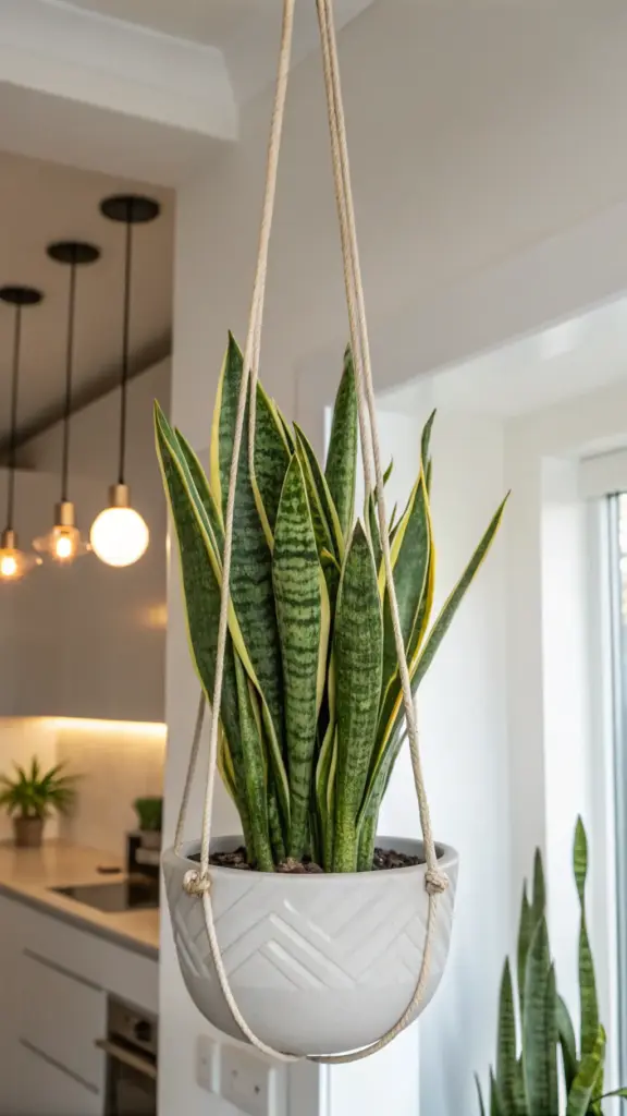 A modern Snake Plant (Dracaena trifasciata) with striking yellow-edged leaves, showcased in a decorative white ceramic hanging pot held by ropes, an elegant example of indoor wall hanging plants creating vertical interest in a brightly lit room.
