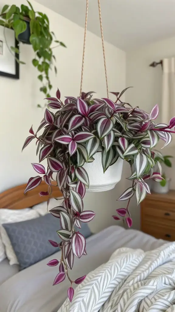 A vibrant Tradescantia Zebrina, also known as Wandering Dude, with its distinctive purple and silver striped leaves, flourishes as one of the colorful hanging plants indoor bedroom, suspended above a neatly made bed with grey and white patterned linens.