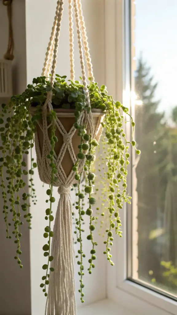 A String of Pearls plant (Senecio rowleyanus) with its characteristic cascading strands of bead-like leaves, beautifully displayed in a macrame plant hanger by a sunlit window, showcasing an aesthetic approach to House Plants Decor.