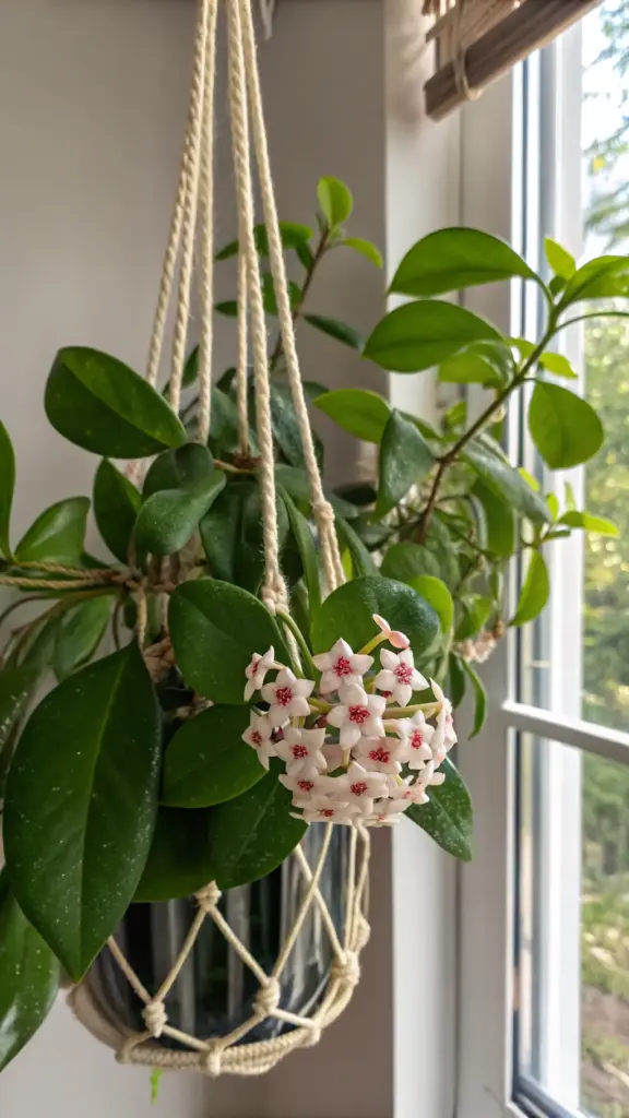 A close-up of a blooming Hoya carnosa, a beautiful vining Wax Plant often cherished as one of many House Plants Indoor, showcasing its cluster of star-shaped, pale pinkish-white flowers with red centers. The Hoya, with its waxy green leaves, is displayed in a macrame hanging planter near a window that provides natural light, with blurred outdoor greenery visible in the background.