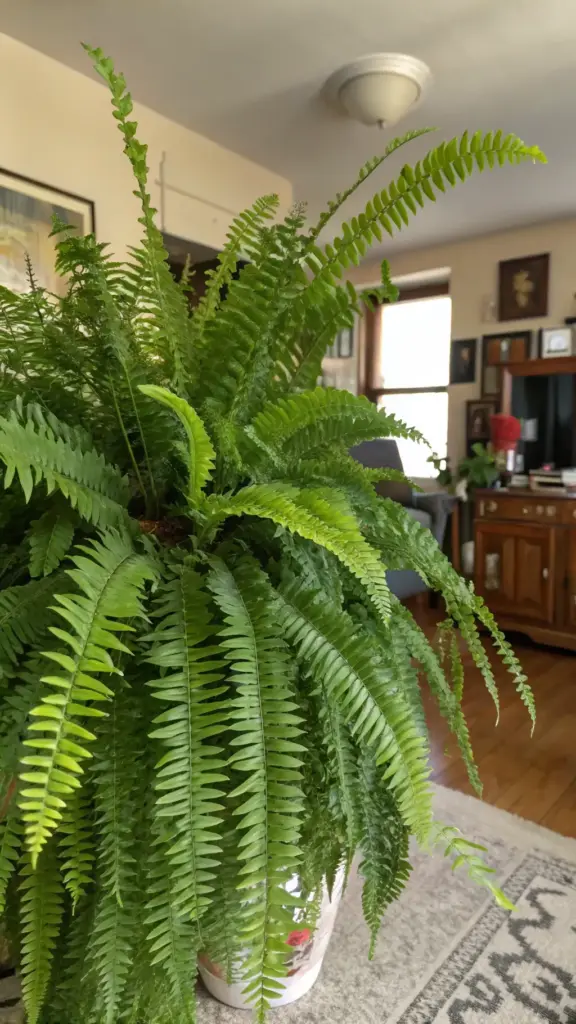 A magnificent, lush Boston Fern (Nephrolepis exaltata), celebrated for its vibrant green foliage and its effectiveness as one of the premier air purifying house plants, is the focal point in a cozy living room. The fern, with its abundant, feathery, arching fronds, sits in a decorative ceramic pot on a patterned rug over a wooden floor. The softly blurred background reveals a comfortable living space with an armchair, a window, a wooden console table with decorative items, and framed art, creating a warm, inviting, and healthy home ambiance.