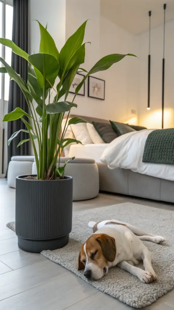 A robust Cast Iron Plant (Aspidistra elatior) in a stylish dark grey ribbed pot, an excellent choice for pet friendly house plants, graces a modern bedroom floor. A beagle-type dog sleeps peacefully on a light grey rug nearby, illustrating a serene and safe cohabitation in a contemporary home.