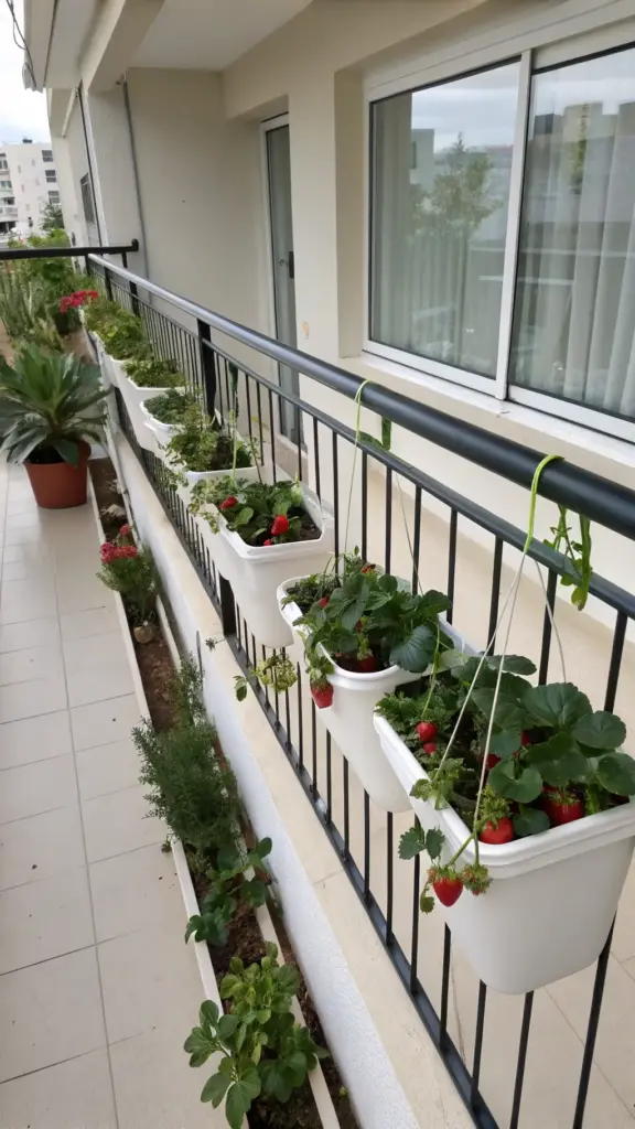 Space-saving balcony garden featuring white hanging strawberry plants mounted on a black metal railing, with ripe red strawberries and green foliage, alongside other potted plants on a tiled apartment balcony.