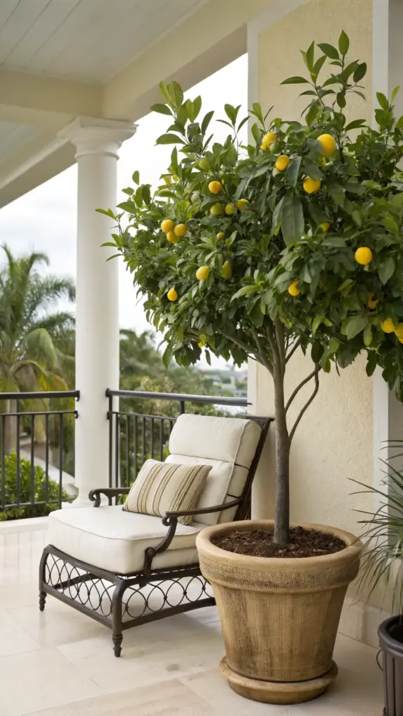 A charming potted dwarf citrus tree, laden with yellow lemons, graces a sunlit balcony next to an elegant lounge chair, making it one of the most delightful balcony plants summer additions for a touch of Mediterranean flair.