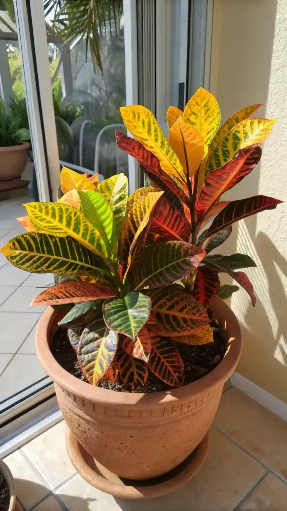 A colorful croton with vibrant red, yellow, and green leaves, representative of tropical summer plants found near the beach, sits in a terracotta pot indoors by a sunny window.