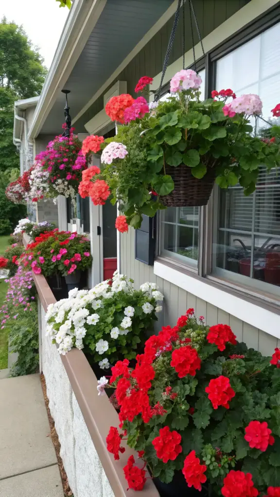 Charming home exterior adorned with vibrant geraniums in shades of red, pink, and white, arranged in hanging baskets and window boxes. These plants that flower all summer bring a cheerful and welcoming atmosphere, contrasting beautifully with the home's soft grayish-green facade. Perfectly maintained, they reflect pride in homeownership and a love for nature.