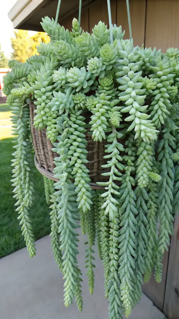 A full Burro's Tail Sedum (Sedum morganianum) succulent with its distinctive fleshy, braided green stems trailing from a wicker hanging basket, showcasing unique hanging plants outdoor.