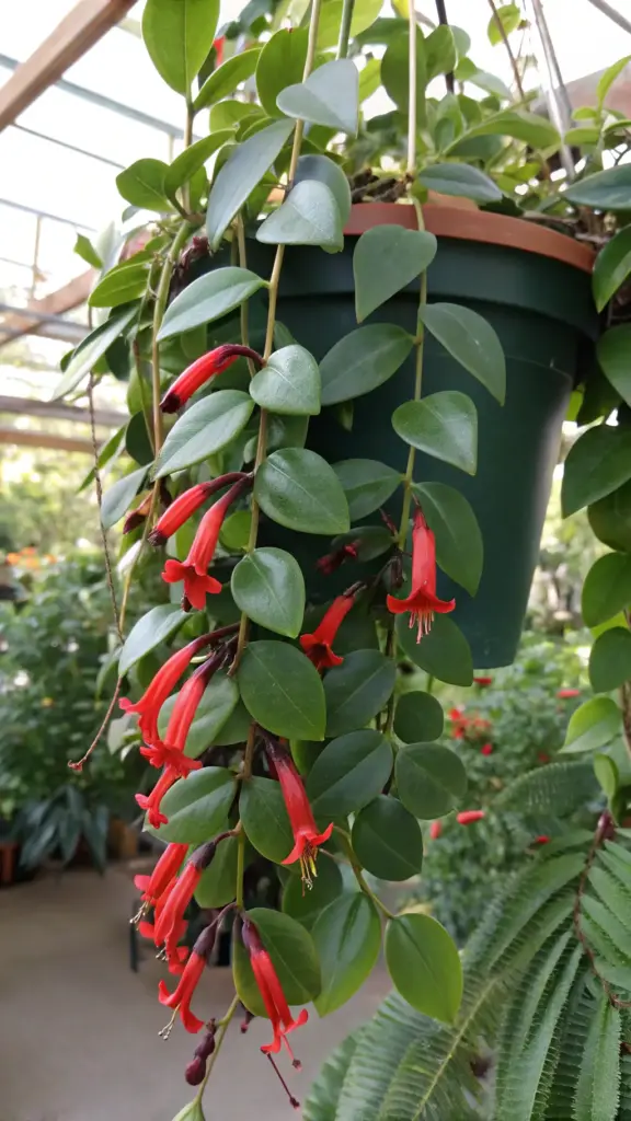 A blooming Lipstick Plant (Aeschynanthus radicans) showcasing its vibrant red tubular flowers emerging from darker calyxes, a stunning example of flowering hanging plants indoor, in a dark green pot.