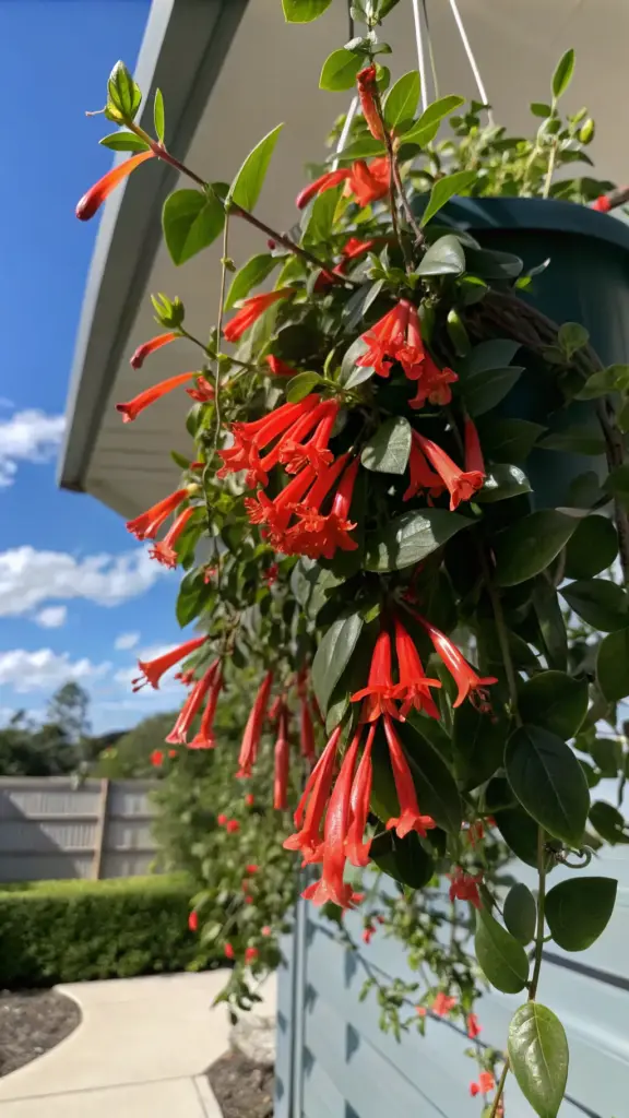 Unique Lipstick Plant (Aeschynanthus radicans) with its bright red tubular flowers, making it distinctive "outdoor hanging plants," shown in a hanging pot against a backdrop of a wooden fence and greenery.