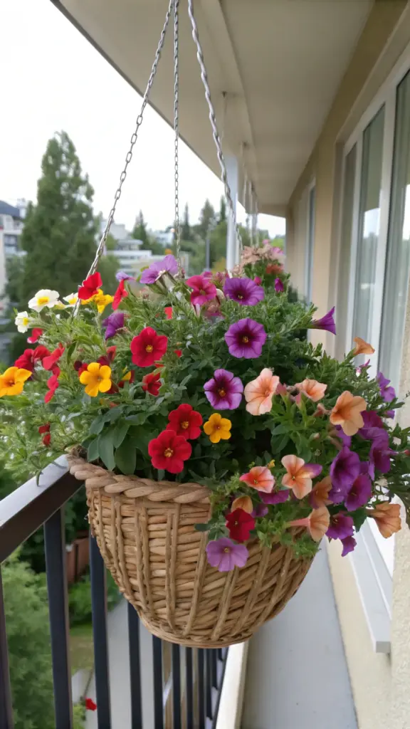 Prolific and colorful Million Bells (Calibrachoa) in shades of red, yellow, purple, and orange, excellent "plants for hanging baskets," overflowing from a light brown woven basket on an apartment balcony.