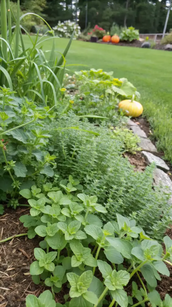 Lush green oregano, possibly mixed with other herbs like mint, growing as a ground cover in a garden border near a ripening yellow squash, demonstrating its use as one of the effective summer squash companion plants for pest deterrence.