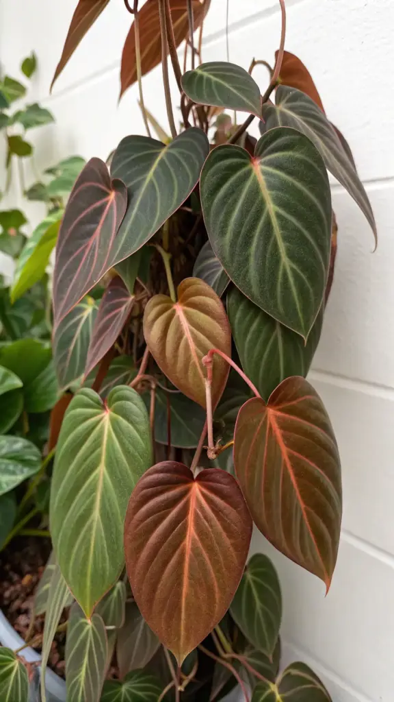 A stunning Philodendron Micans, a prized variety among low light house plants, displays its cascading, heart-shaped velvety leaves. The foliage exhibits a beautiful iridescence with hues ranging from deep green to rich bronze and reddish-brown, set against a white paneled wall, highlighting its elegant vining nature and suitability for indoor decor.