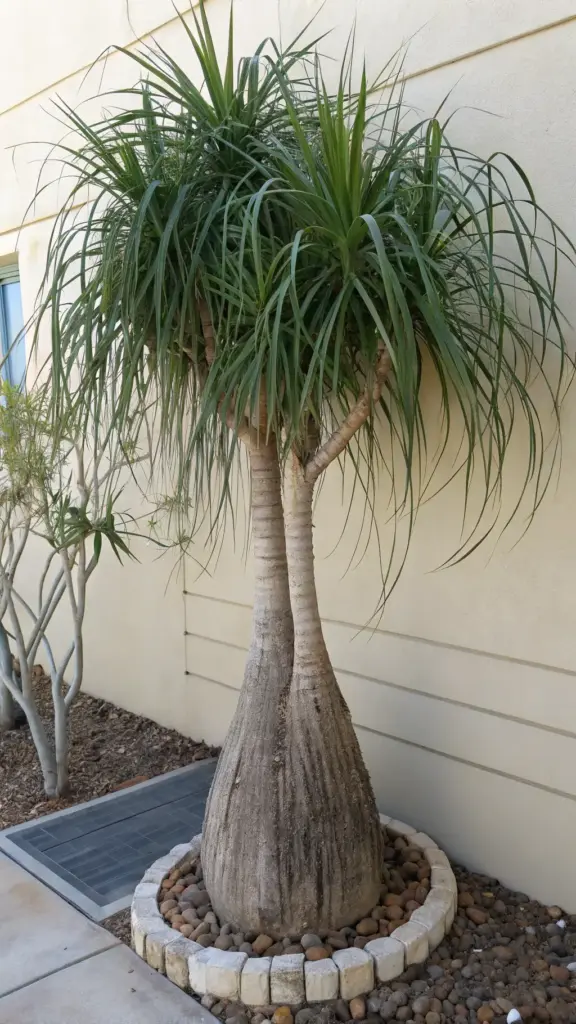 A mature Ponytail Palm (Beaucarnea recurvata) with its characteristic large, bulbous base and two distinct trunks, from which long, slender green leaves gracefully cascade like a ponytail. This drought-tolerant specimen, often included in lists of cat friendly house plants due to its non-toxic nature, is planted outdoors against a light-colored wall, with a decorative stone border around its base. Its unique and playful appearance makes it a striking addition to gardens or as a larger indoor plant where pets are present.