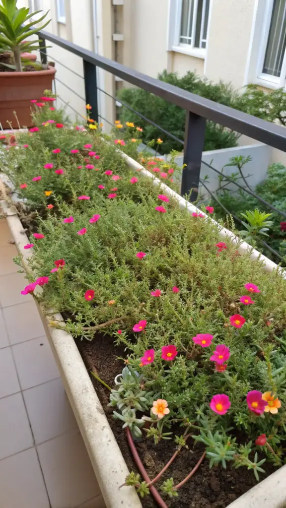 A vibrant balcony garden filled with full sun plants that bloom all summer, showcasing lush greenery and colorful pink and orange flowers in a long planter. The blooming arrangement creates a lively display along a railing, highlighting how small urban spaces can be transformed into thriving, nature-filled retreats.