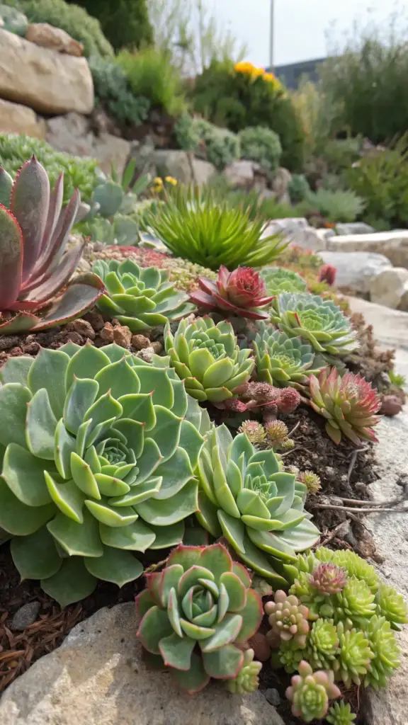Close-up of low-growing succulents like Sedum (Stonecrop) and Sempervivum adding texture, ideal summer plants full sun outdoor for rockeries and low-water gardens.