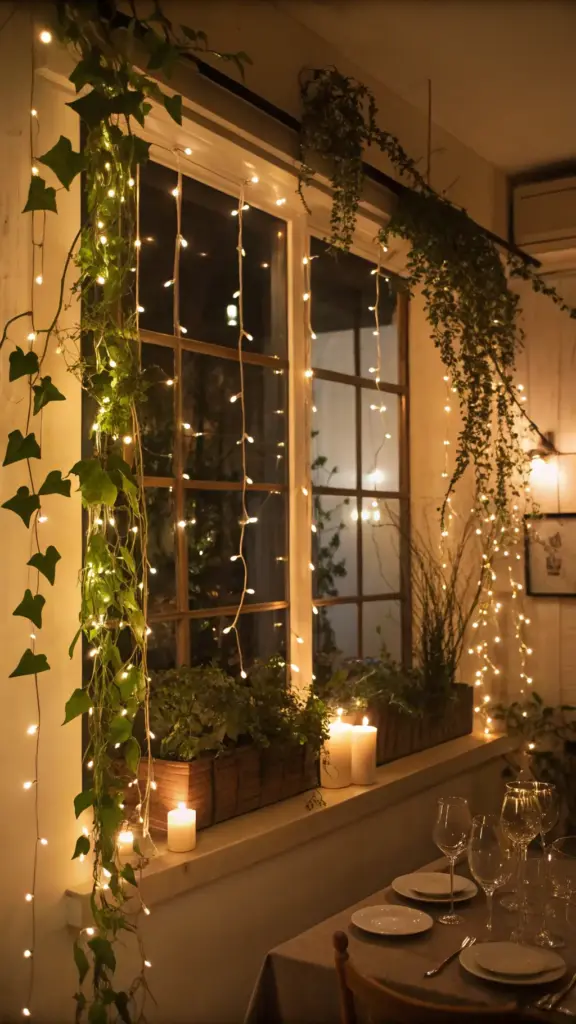 Magical nighttime ambiance created by warm string lights illuminating "hanging plants in front of window," with trailing greenery and ivy framing the window, complementing a cozy dining setting in the foreground.