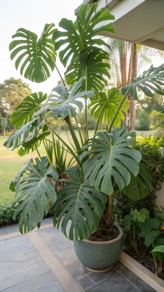 A large, trendy Monstera Deliciosa (Swiss Cheese Plant) with iconic fenestrated leaves, thriving in a stylish pot on a tiled patio, showcasing it as one of the best indoor plants that can go outside in the summer for lush growth.