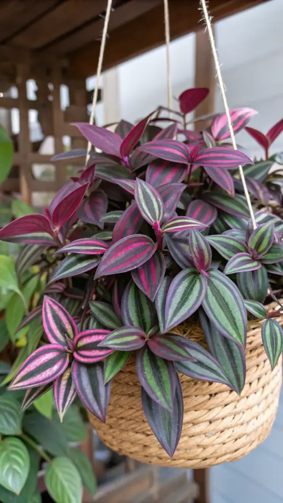 Striking Tradescantia zebrina (Wandering Jew) with its vibrant purple and silver-striped leaves, an excellent choice for "balcony hanging plants," showcased in a natural woven basket.