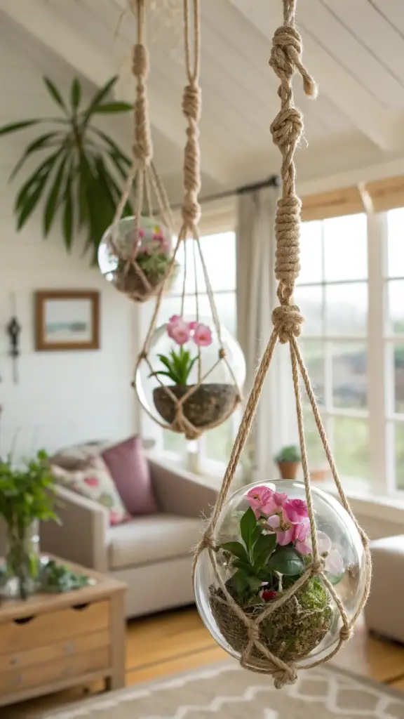 Bright, cozy indoor setting filled with natural light, showcasing three beautiful "hanging plants diy" glass orb terrariums with pink flowers and moss, suspended by jute macrame hangers, creating a serene and stylish atmosphere.