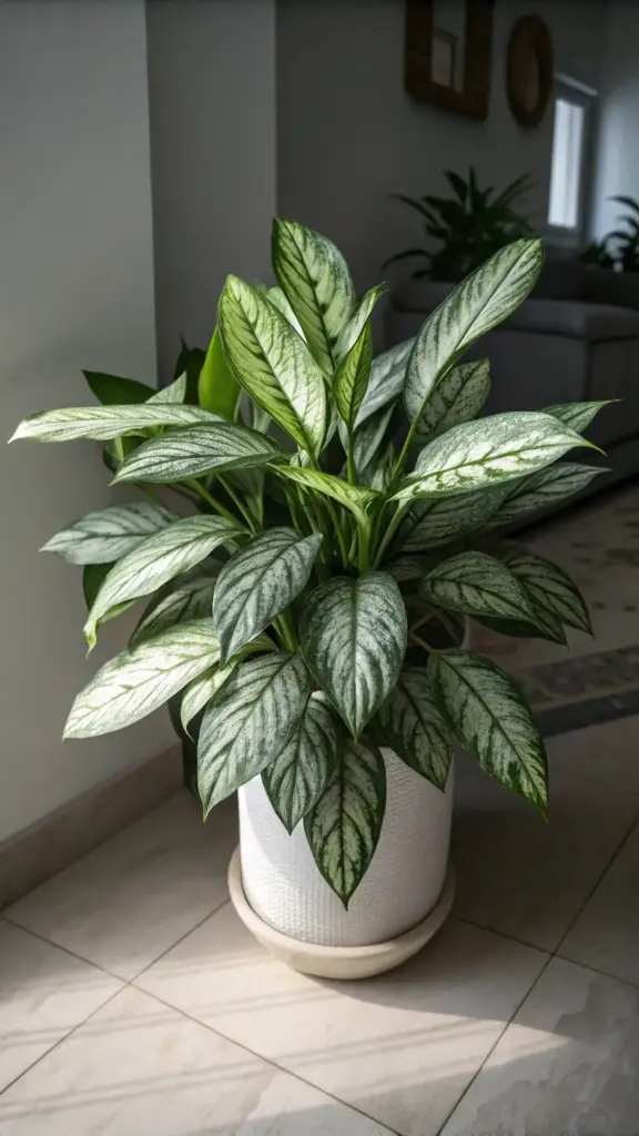 A lush Chinese Evergreen (Aglaonema) in a white textured pot, an elegant example of House Plants Decor, brightens a sunlit indoor space.